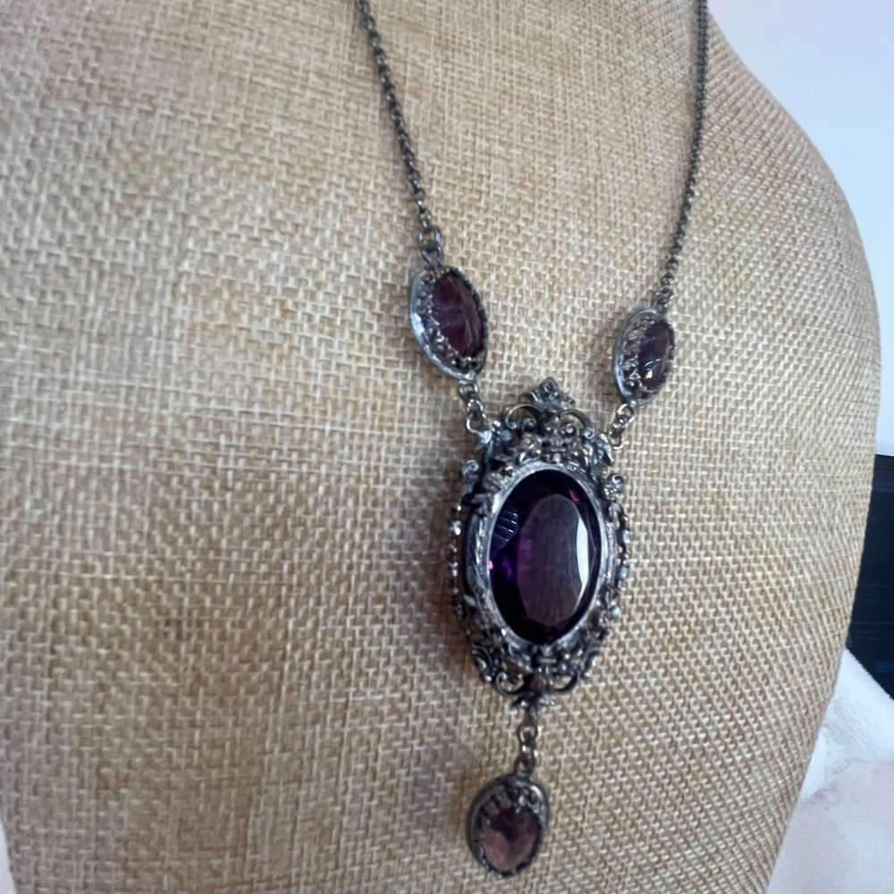 Vintage Pewter with Amethyst   Pendant Necklace - Picture 2 of 6